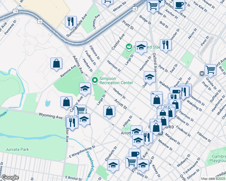 map of restaurants, bars, coffee shops, grocery stores, and more near 1112 Herbert Street in Philadelphia