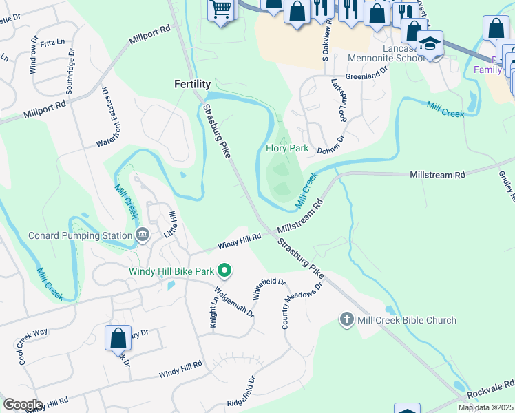 map of restaurants, bars, coffee shops, grocery stores, and more near 175 Strasburg Pike in Lancaster