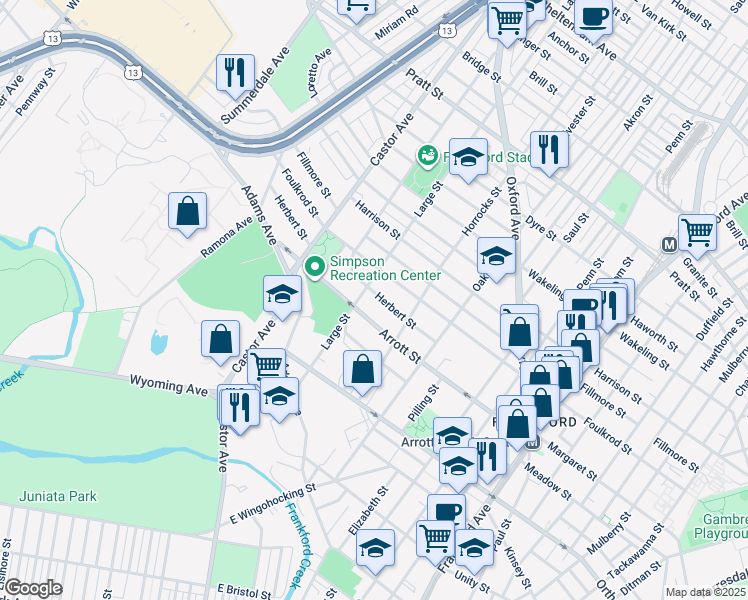 map of restaurants, bars, coffee shops, grocery stores, and more near 1112 Herbert Street in Philadelphia