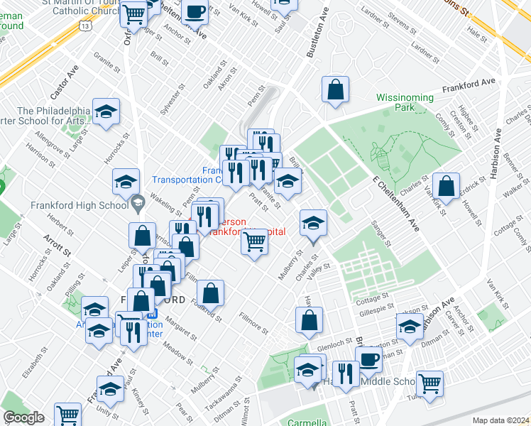 map of restaurants, bars, coffee shops, grocery stores, and more near 1646 Pratt Street in Philadelphia