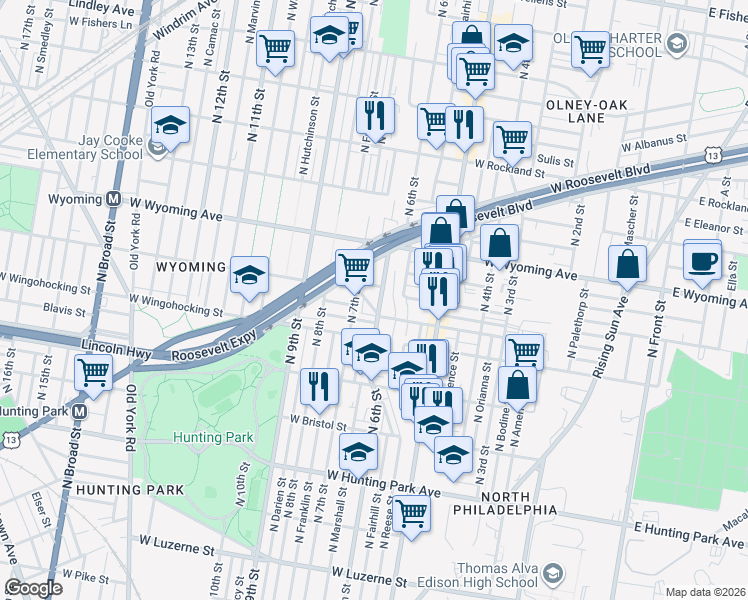 map of restaurants, bars, coffee shops, grocery stores, and more near 600 West Luray Street in Philadelphia