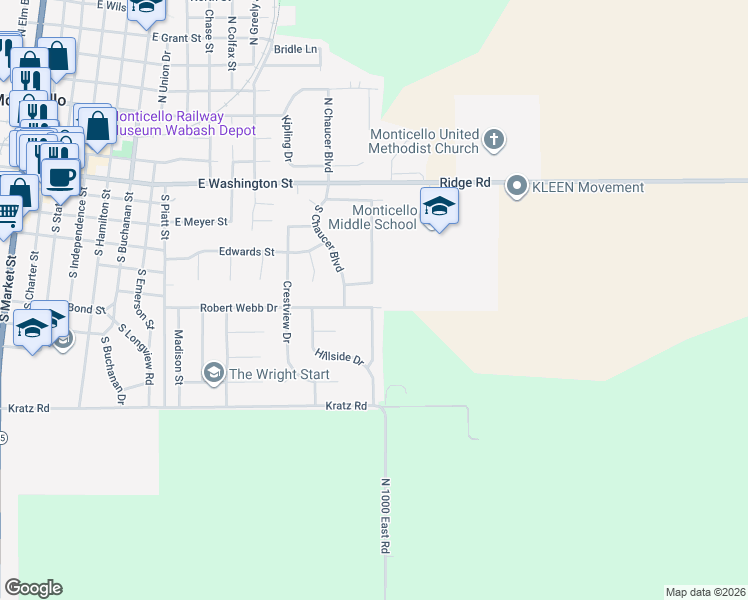 map of restaurants, bars, coffee shops, grocery stores, and more near 1307 Devonshire Drive in Monticello