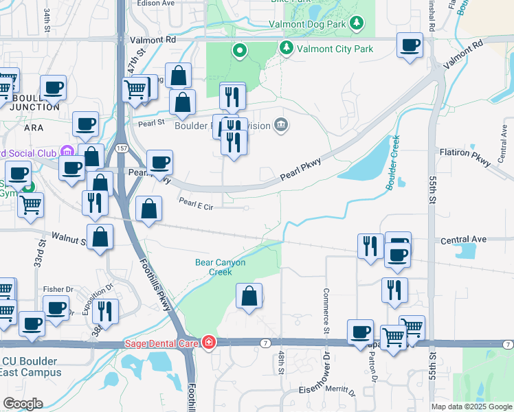 map of restaurants, bars, coffee shops, grocery stores, and more near 4949 Pearl East Circle in Boulder