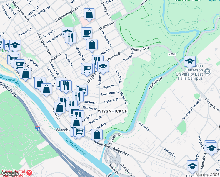 map of restaurants, bars, coffee shops, grocery stores, and more near 240 Rock Street in Philadelphia