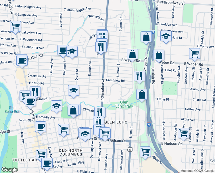 map of restaurants, bars, coffee shops, grocery stores, and more near 430 East Kelso Road in Columbus