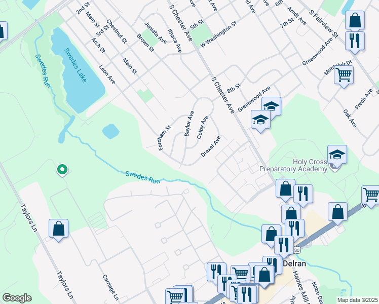 map of restaurants, bars, coffee shops, grocery stores, and more near 740 Baylor Avenue in Delran