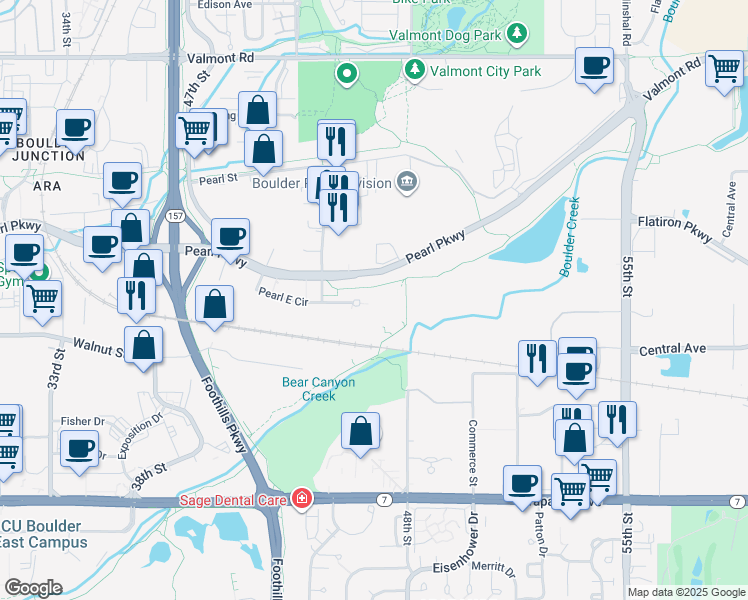 map of restaurants, bars, coffee shops, grocery stores, and more near 4949 Pearl East Circle in Boulder