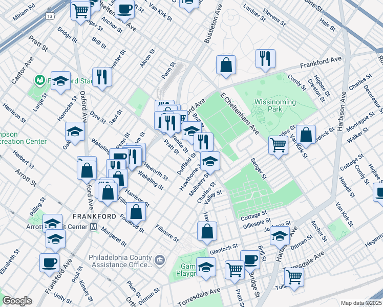 map of restaurants, bars, coffee shops, grocery stores, and more near 5224 Duffield Street in Philadelphia