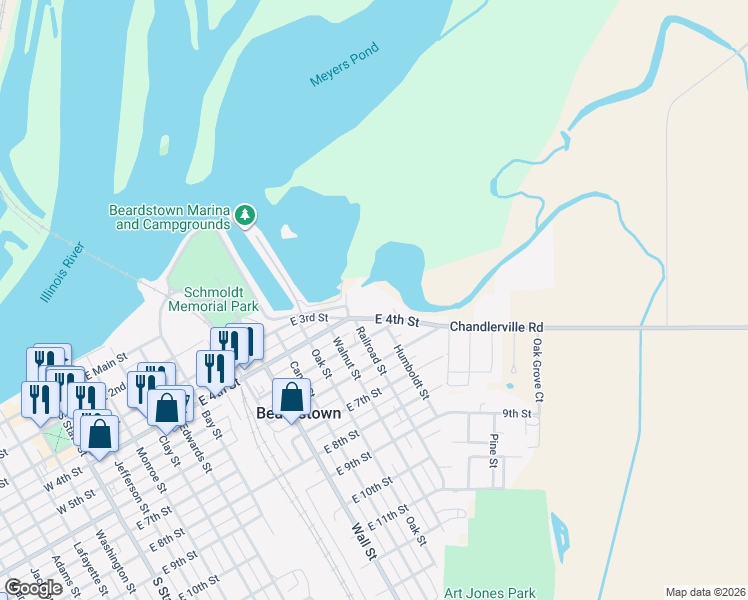 map of restaurants, bars, coffee shops, grocery stores, and more near Marina Levee Road in Beardstown