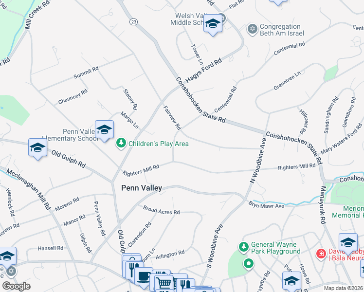 map of restaurants, bars, coffee shops, grocery stores, and more near 907 Centennial Road in Penn Valley