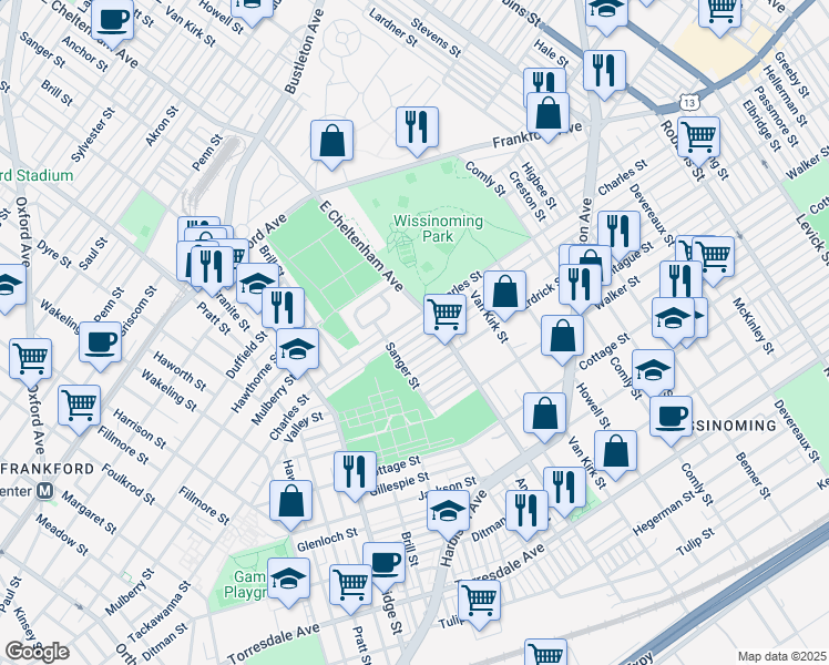 map of restaurants, bars, coffee shops, grocery stores, and more near 5432 Tackawanna Street in Philadelphia