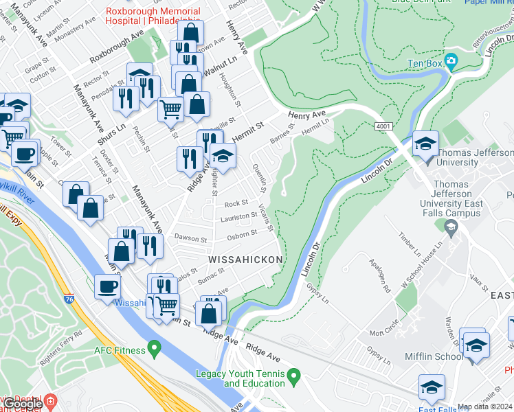 map of restaurants, bars, coffee shops, grocery stores, and more near 5312 Vicaris Street in Philadelphia