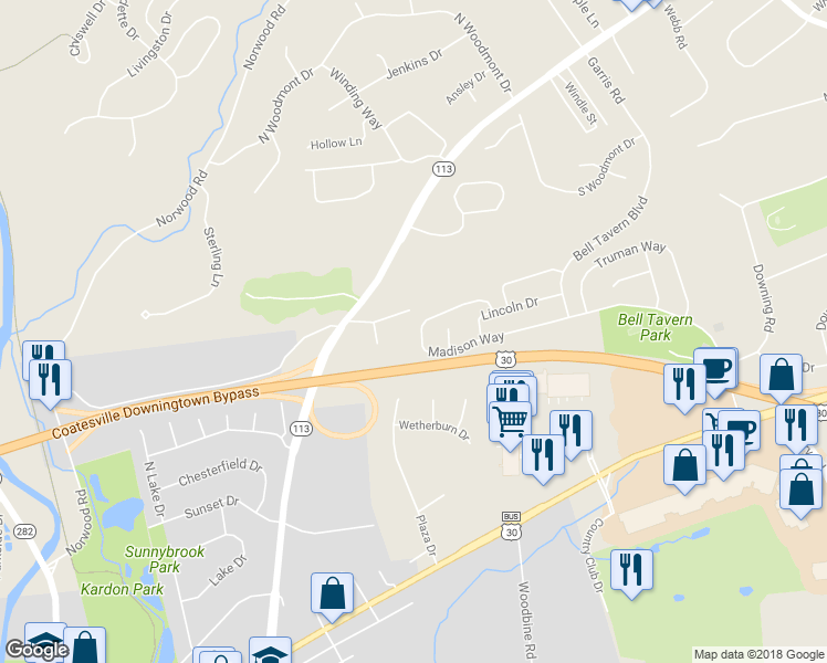 map of restaurants, bars, coffee shops, grocery stores, and more near 115 Madison Way in Downingtown