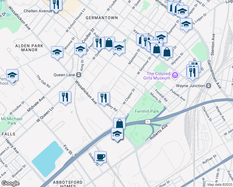 map of restaurants, bars, coffee shops, grocery stores, and more near 5044 Erringer Place in Philadelphia