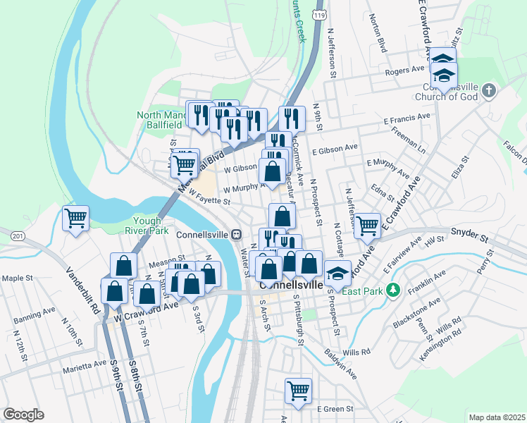 map of restaurants, bars, coffee shops, grocery stores, and more near 404 Johnson Avenue in Connellsville
