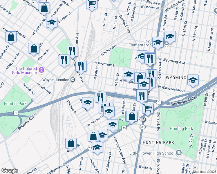 map of restaurants, bars, coffee shops, grocery stores, and more near 1734 Blavis Street in Philadelphia