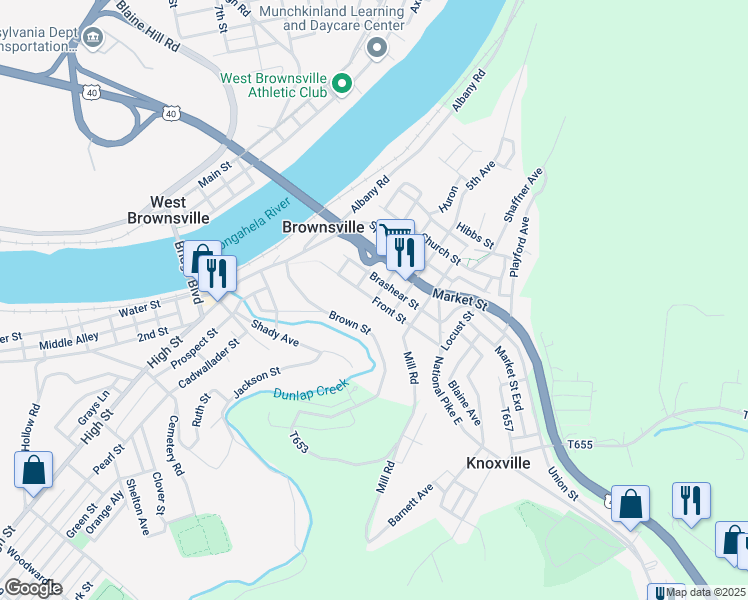 map of restaurants, bars, coffee shops, grocery stores, and more near 398 Front Street in Brownsville
