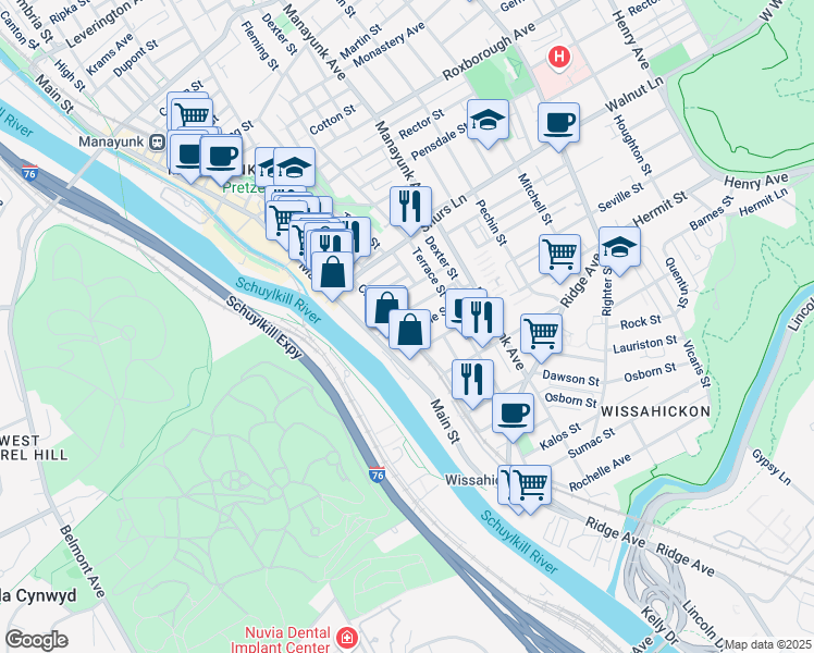 map of restaurants, bars, coffee shops, grocery stores, and more near 104 Seville Street in Philadelphia