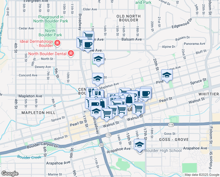 map of restaurants, bars, coffee shops, grocery stores, and more near 2245-2247 15th Street in Boulder