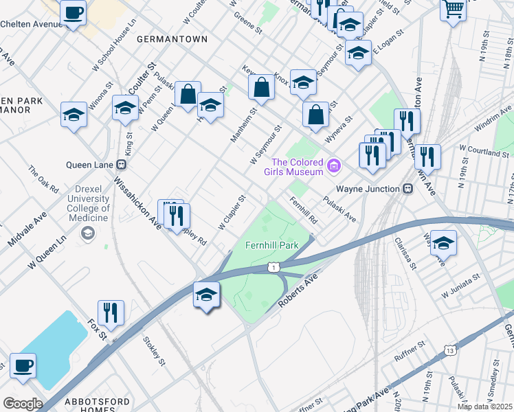 map of restaurants, bars, coffee shops, grocery stores, and more near 4810 McKean Avenue in Philadelphia