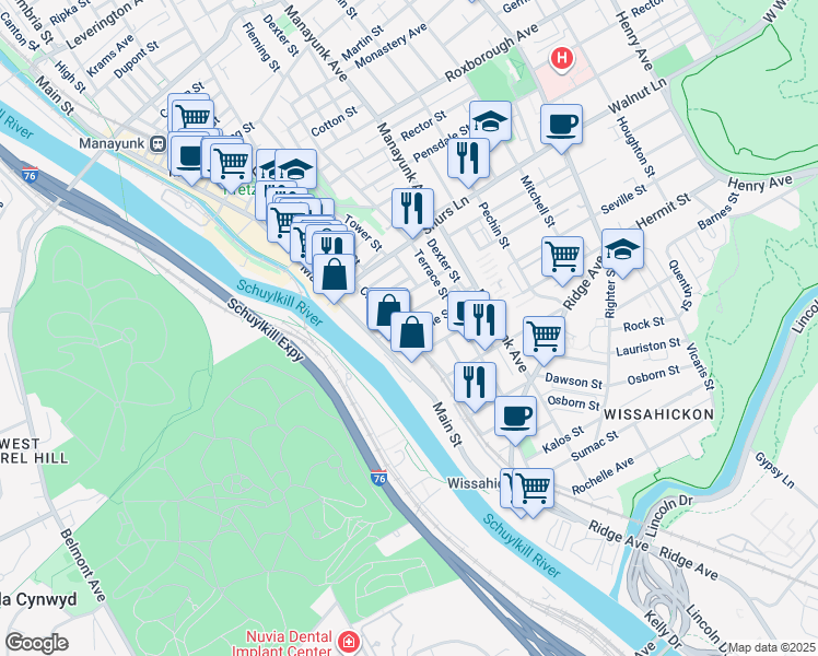map of restaurants, bars, coffee shops, grocery stores, and more near 104 Seville Street in Philadelphia