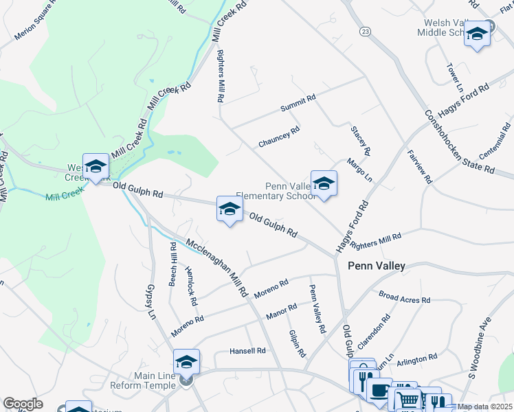 map of restaurants, bars, coffee shops, grocery stores, and more near 6E96 Righters Mill Road in Penn Valley