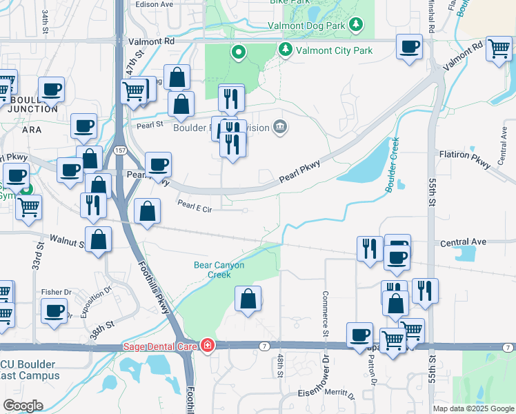 map of restaurants, bars, coffee shops, grocery stores, and more near 4949 Pearl Parkway in Boulder