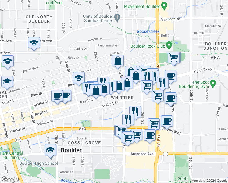 map of restaurants, bars, coffee shops, grocery stores, and more near 2400 Spruce Street in Boulder