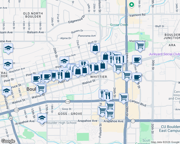 map of restaurants, bars, coffee shops, grocery stores, and more near 2076 23rd Street in Boulder