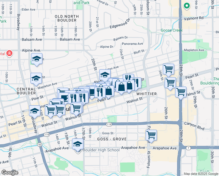 map of restaurants, bars, coffee shops, grocery stores, and more near 2105 Spruce Street in Boulder