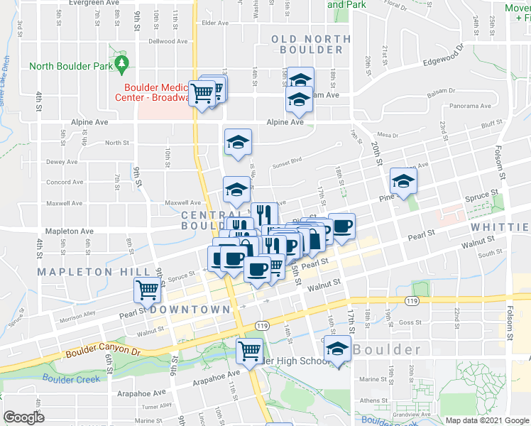 map of restaurants, bars, coffee shops, grocery stores, and more near 2245-2247 15th Street in Boulder