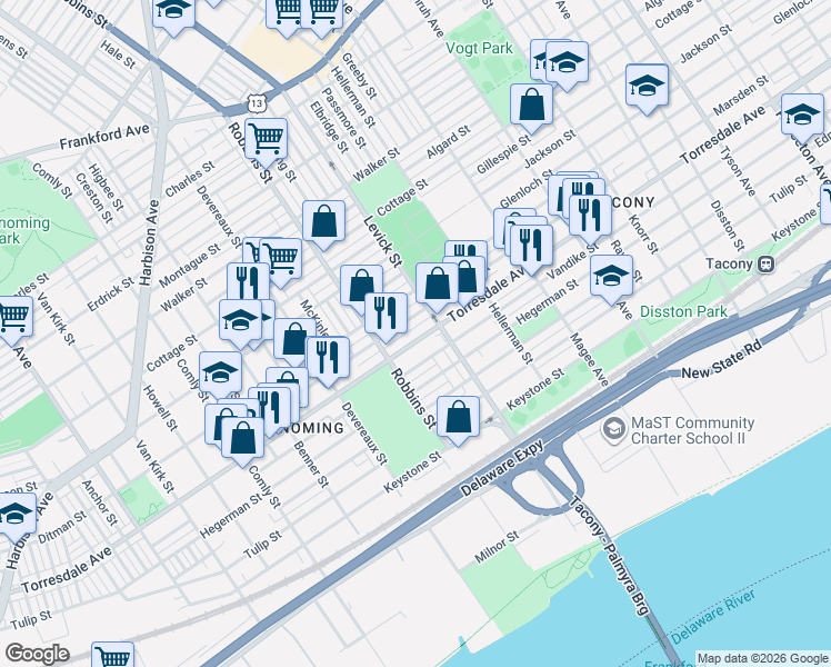 map of restaurants, bars, coffee shops, grocery stores, and more near in Philadelphia