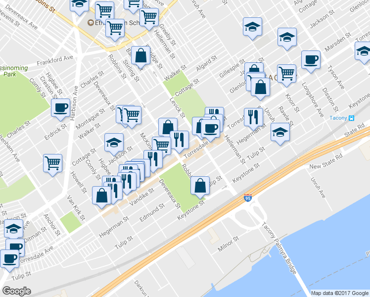 map of restaurants, bars, coffee shops, grocery stores, and more near 6312 Marsden Street in Philadelphia