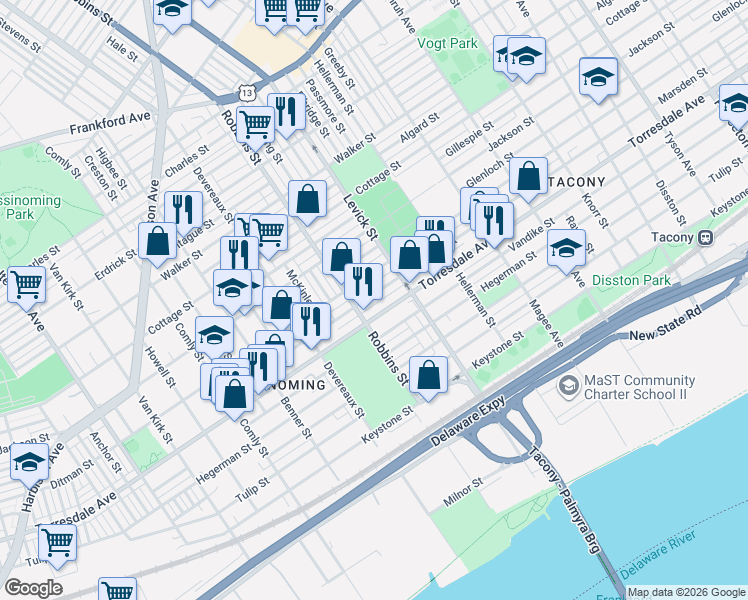 map of restaurants, bars, coffee shops, grocery stores, and more near 6312 Marsden Street in Philadelphia