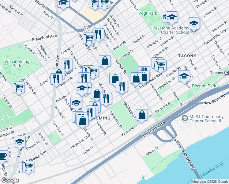 map of restaurants, bars, coffee shops, grocery stores, and more near 4538 Hale Street in Philadelphia