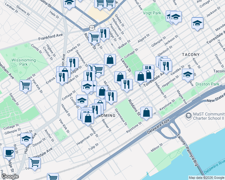 map of restaurants, bars, coffee shops, grocery stores, and more near 4538 Hale Street in Philadelphia