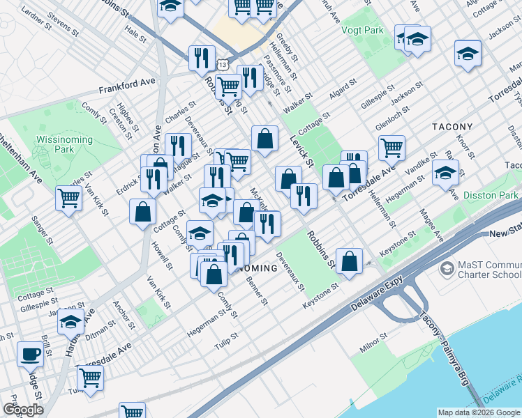 map of restaurants, bars, coffee shops, grocery stores, and more near 4509 Devereaux Street in Philadelphia