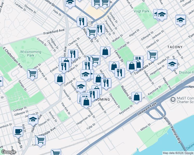 map of restaurants, bars, coffee shops, grocery stores, and more near 4509 Devereaux Street in Philadelphia