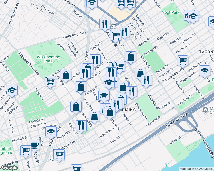 map of restaurants, bars, coffee shops, grocery stores, and more near 4407 Benner Street in Philadelphia