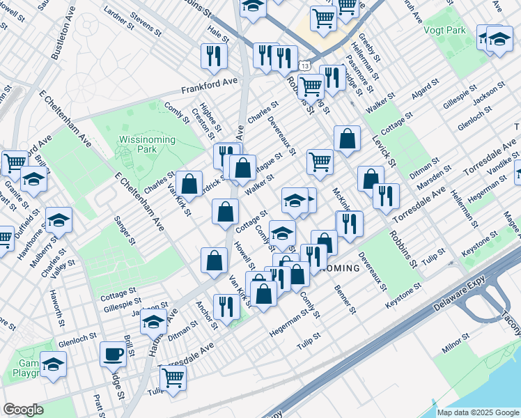 map of restaurants, bars, coffee shops, grocery stores, and more near 4322 Higbee Street in Philadelphia