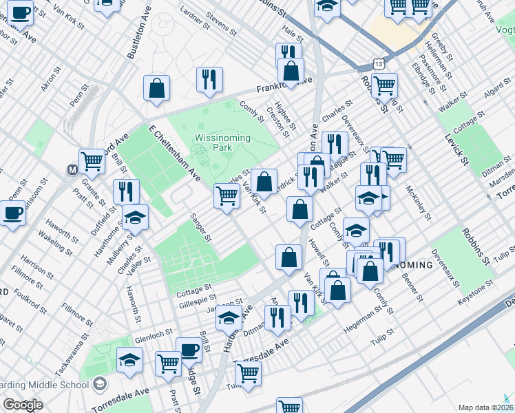 map of restaurants, bars, coffee shops, grocery stores, and more near 4211 Van Kirk Street in Philadelphia