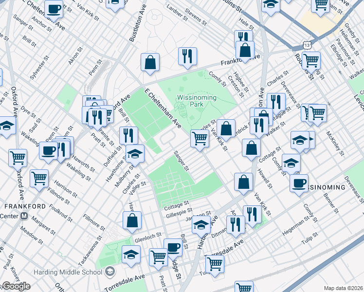 map of restaurants, bars, coffee shops, grocery stores, and more near 5412 Charles Street in Philadelphia