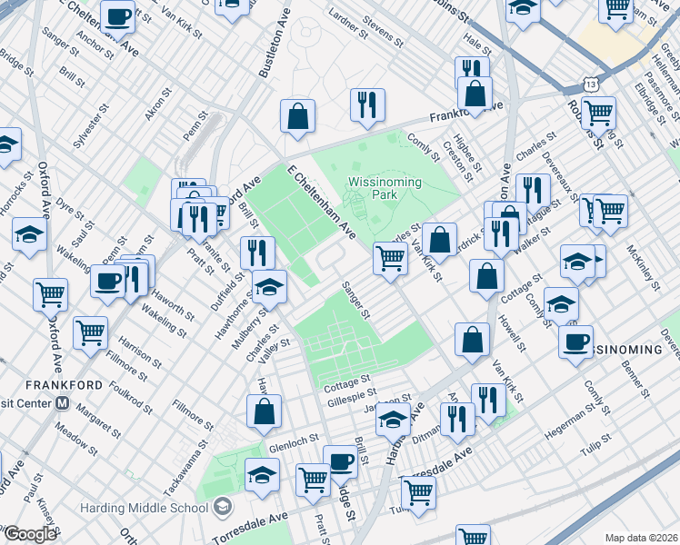 map of restaurants, bars, coffee shops, grocery stores, and more near 5412 Charles Street in Philadelphia