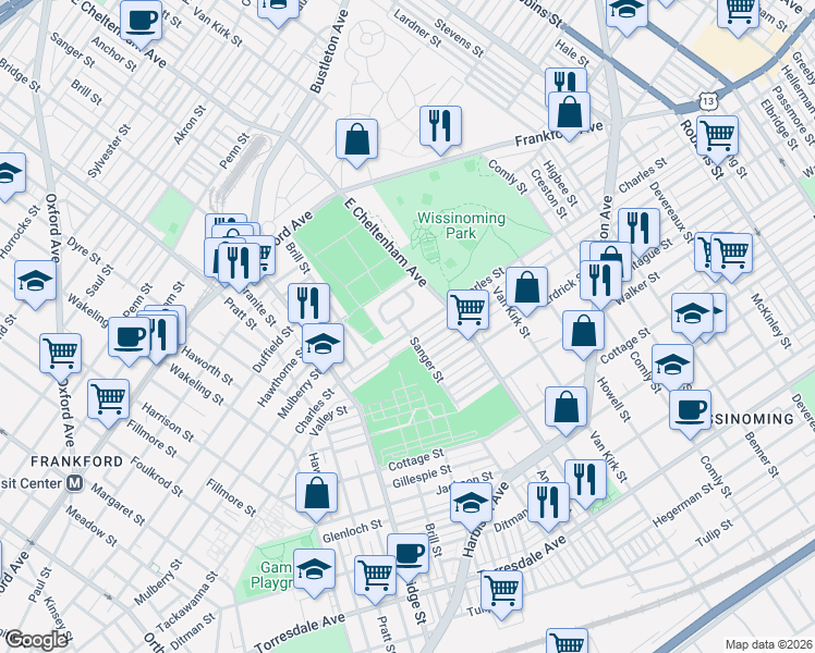 map of restaurants, bars, coffee shops, grocery stores, and more near 5412 Charles Street in Philadelphia