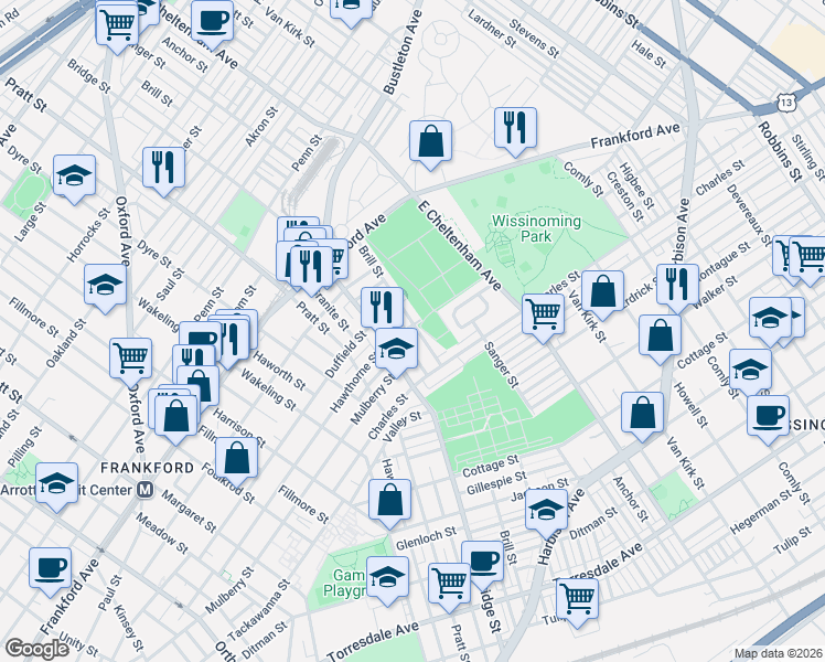 map of restaurants, bars, coffee shops, grocery stores, and more near 1726 Brill Street in Philadelphia
