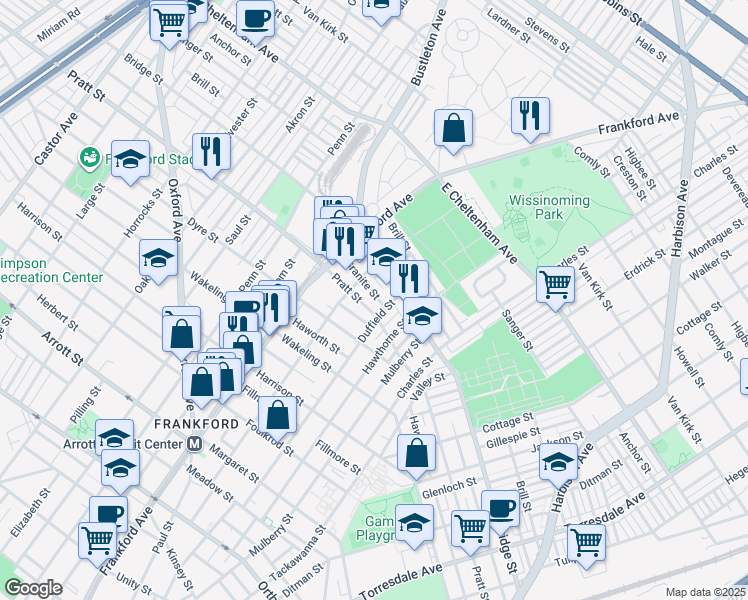 map of restaurants, bars, coffee shops, grocery stores, and more near 1645 Pratt Street in Philadelphia