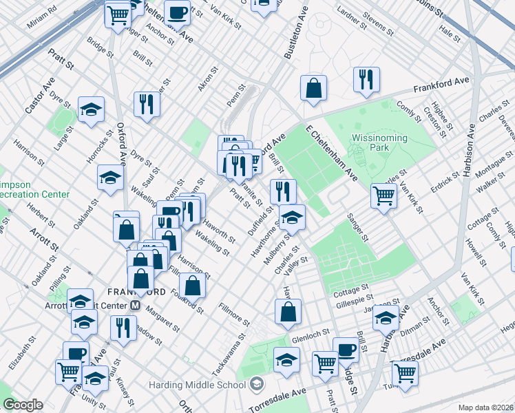map of restaurants, bars, coffee shops, grocery stores, and more near 1645 Pratt Street in Philadelphia