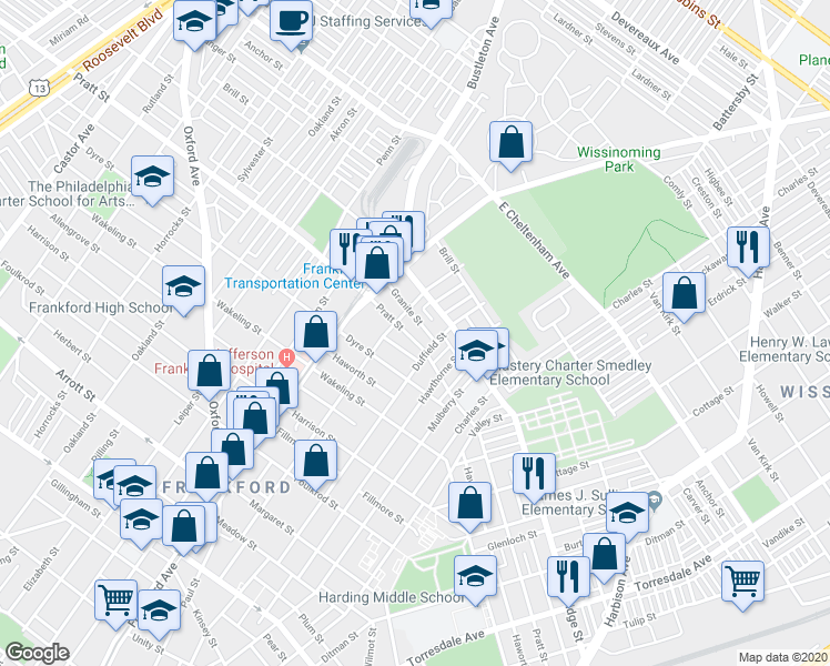 map of restaurants, bars, coffee shops, grocery stores, and more near 1645 Pratt Street in Philadelphia