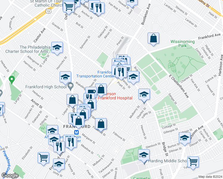 map of restaurants, bars, coffee shops, grocery stores, and more near 5114 Darrah Street in Philadelphia