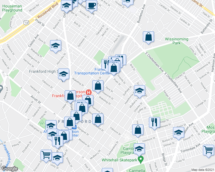 map of restaurants, bars, coffee shops, grocery stores, and more near 5102 Frankford Avenue in Philadelphia